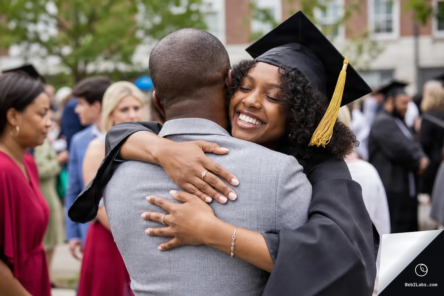 Smiling graduate in a black cap and gown hugs a man in a gray suit outdoors at a graduation ceremony, with other attendees blurred in the background.