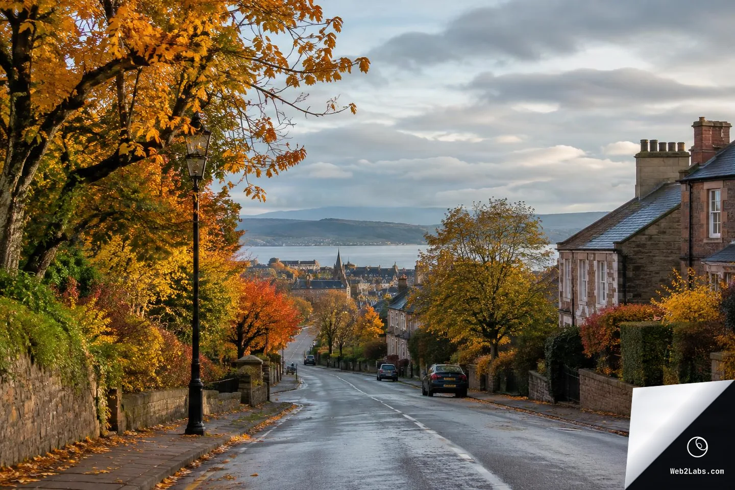 Wide view down a wet residential street bordered by orange and yellow autumn trees, stone walls, and houses, with parked cars and a distant town and water under a cloudy sky.