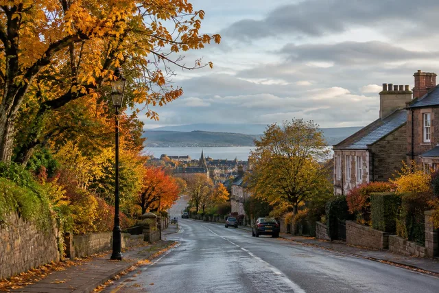 Autumn Street Overlooking Waterfront Town