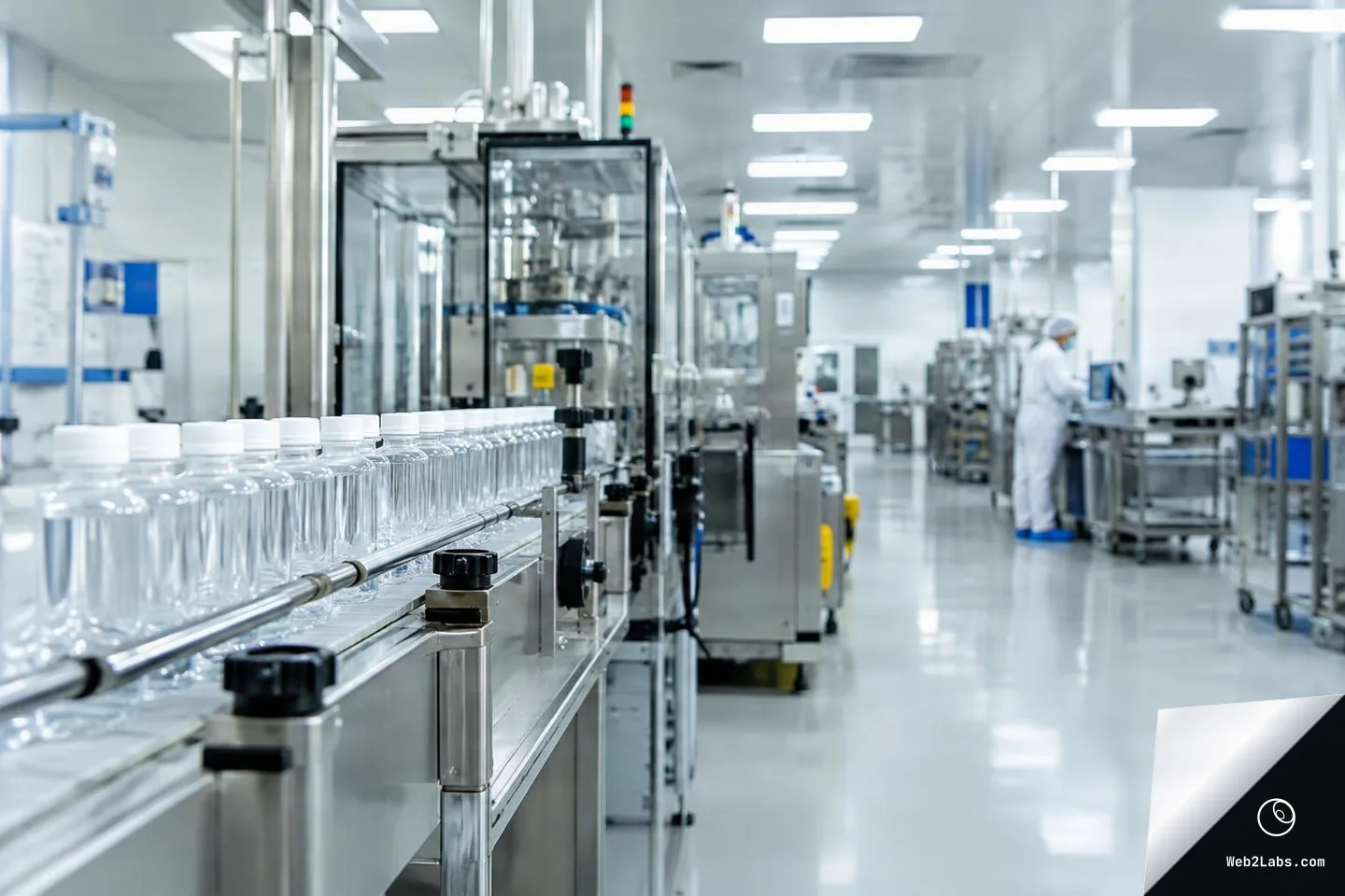 Clear plastic bottles lined up on a stainless-steel conveyor in a bright clean manufacturing room, with machinery extending into the distance and a worker in white cleanroom clothing in the background.