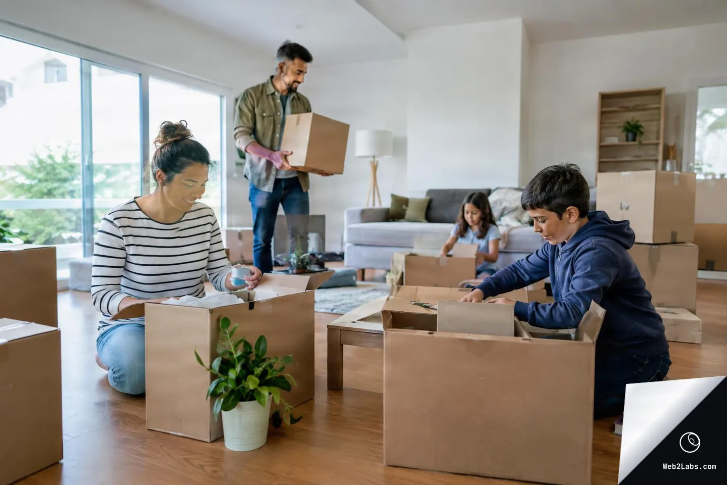 A family unpacks cardboard boxes in a bright living room; a woman kneels by an open box, a boy sorts items at a low table, a man carries a box, and a girl sits near the sofa with boxes around.