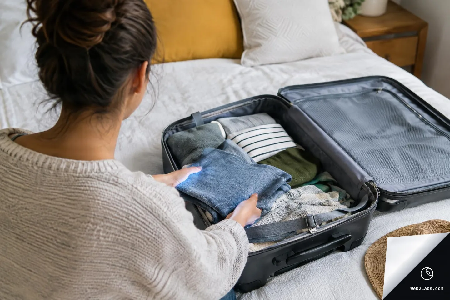 Over-the-shoulder view of a person packing folded clothes into an open suitcase on a bed, with a straw hat nearby in a bedroom.