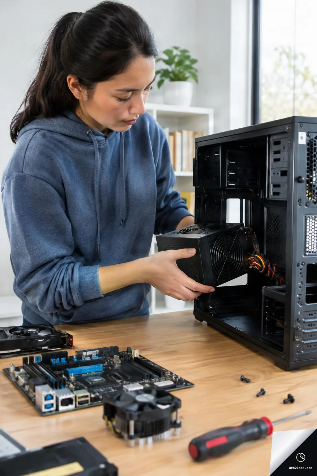Person in a blue hoodie installing a power supply unit into an open desktop computer case on a wooden table, with a motherboard, CPU cooler, graphics card, screws, and a screwdriver nearby.