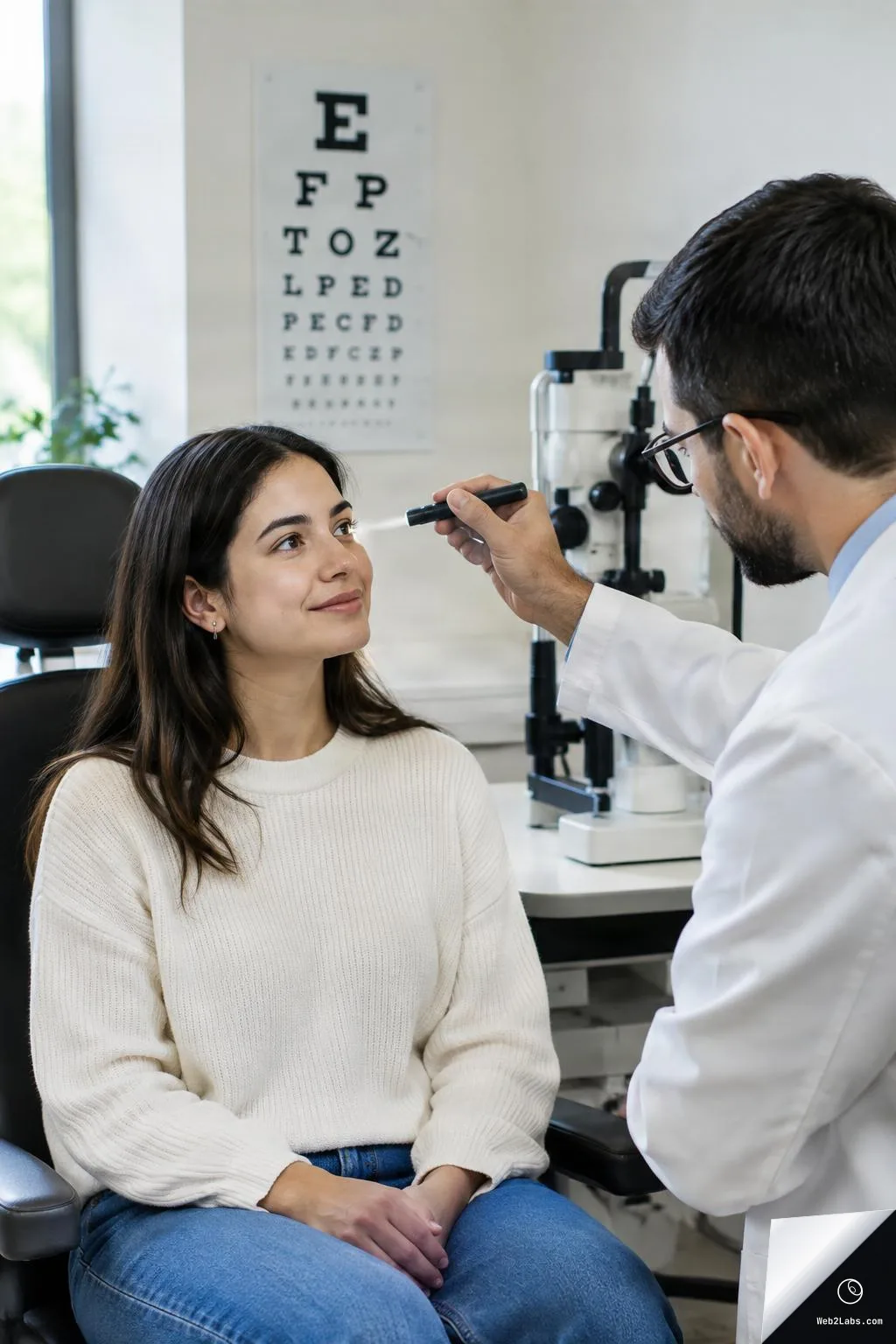 An optometrist in a white coat examines a woman's eyes with a handheld light while she sits in an exam chair; a Snellen eye chart and slit-lamp equipment are in the background.