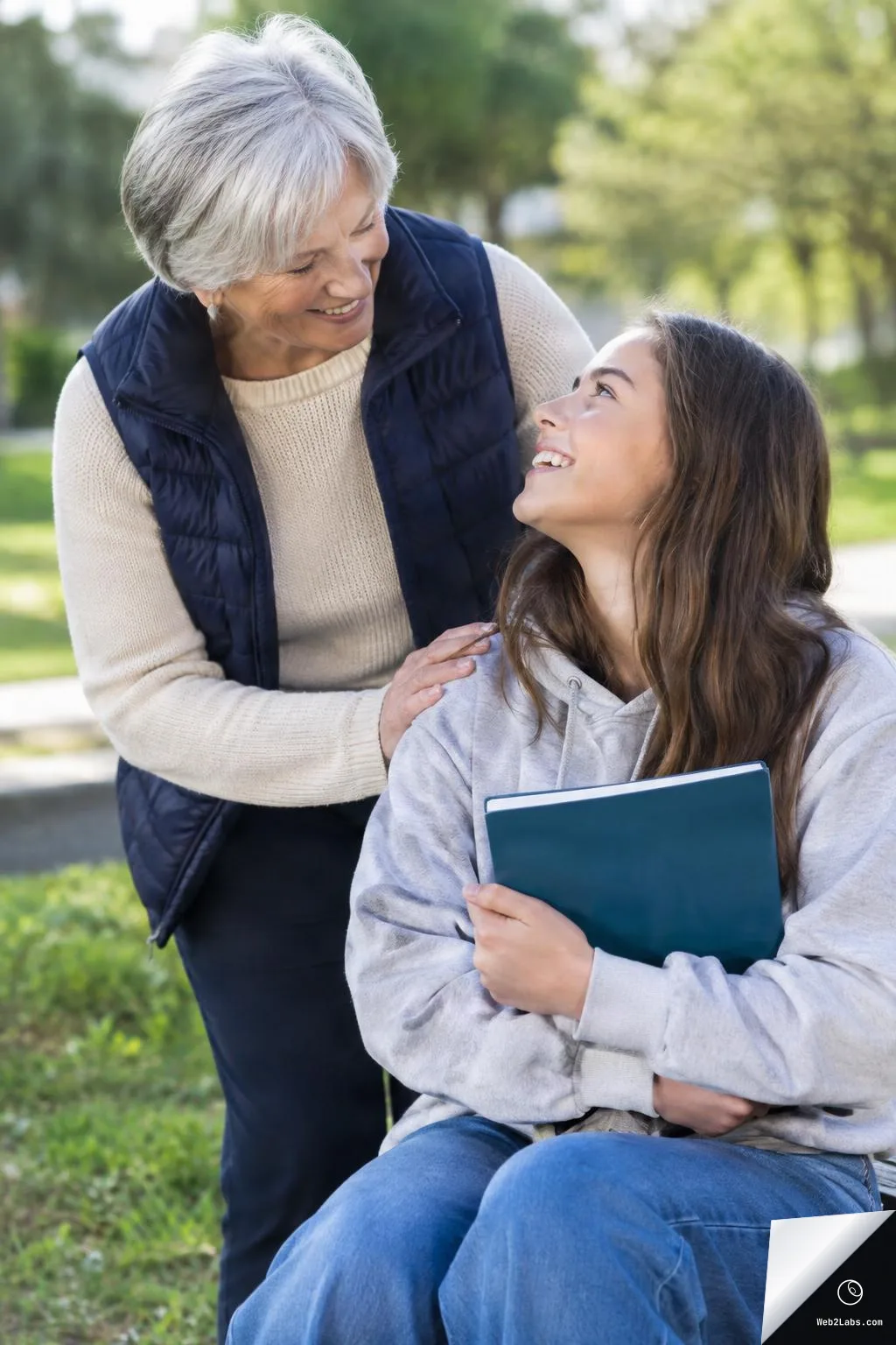 An older woman smiles and rests a hand on a seated young woman's shoulder in a park while the student holds a blue notebook and looks up at her.