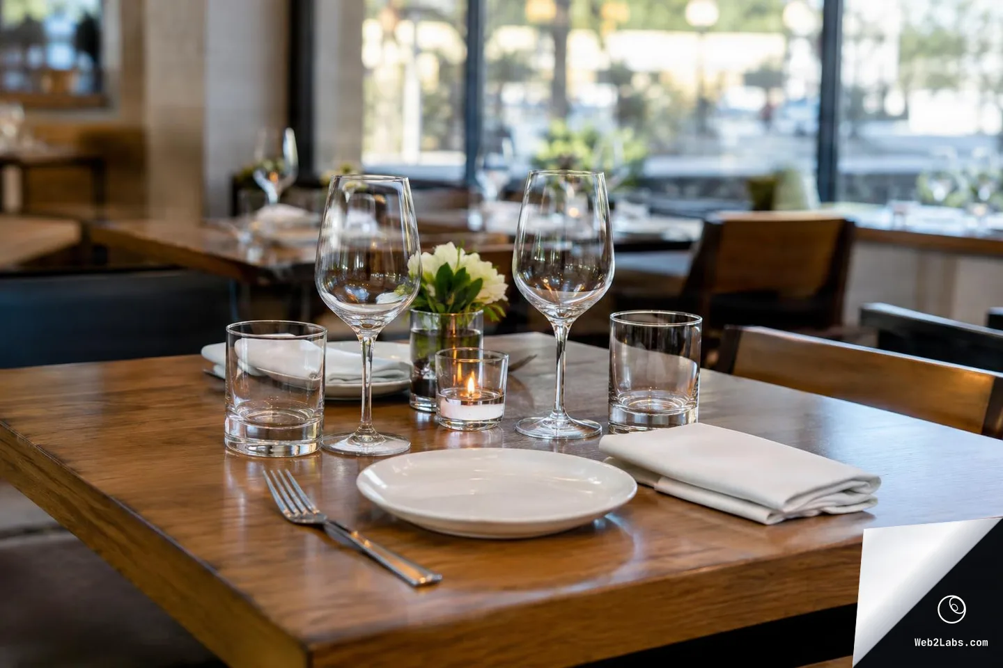 Wooden restaurant table set with two wine glasses, two water glasses, white plates, folded white napkins, a small candle, and a small flower arrangement, with a blurred dining room and large windows in the background.