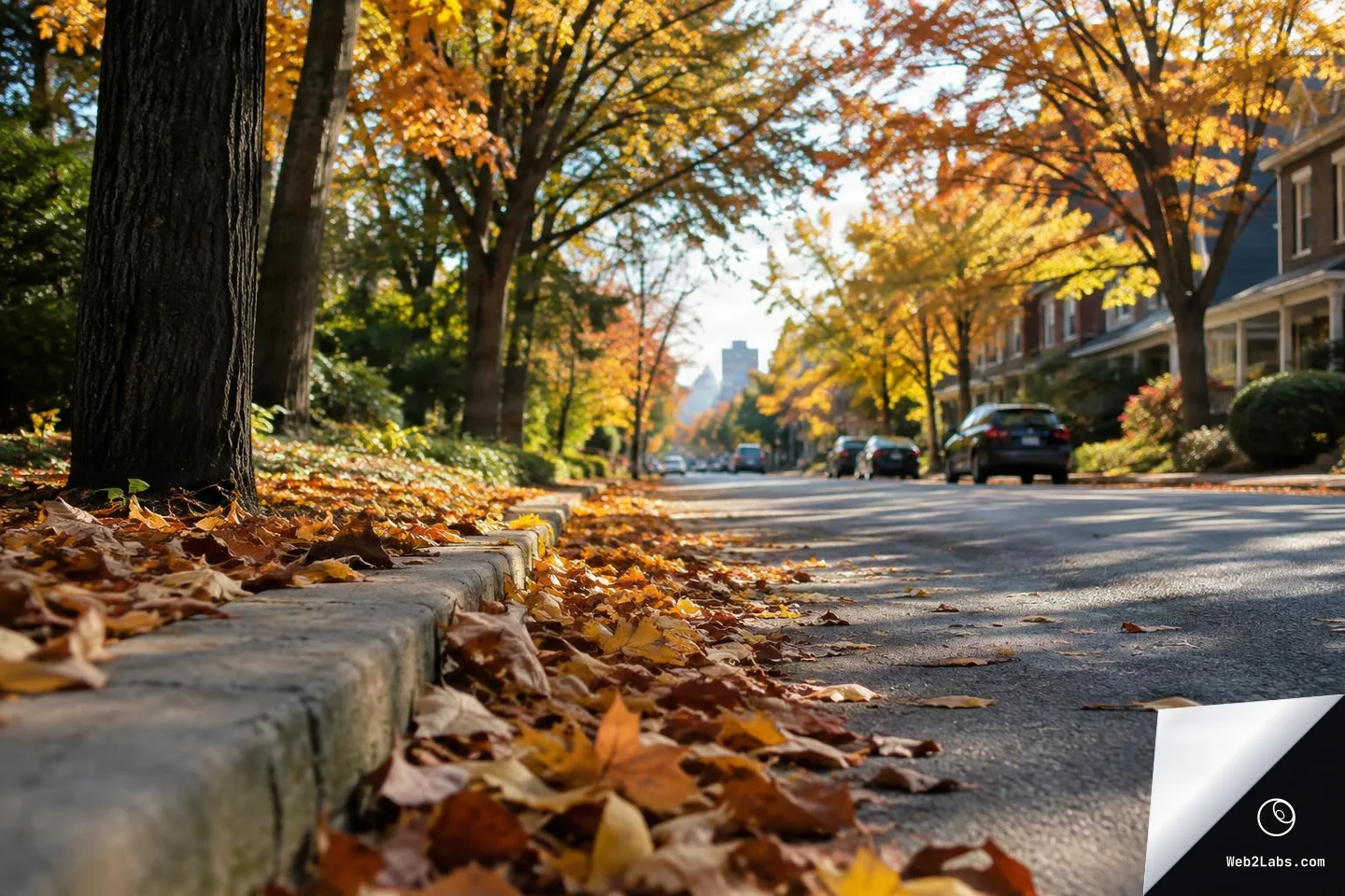 Low-angle photo of a suburban street in autumn with fallen leaves along the curb, golden trees overhead, parked cars, and warm afternoon light.