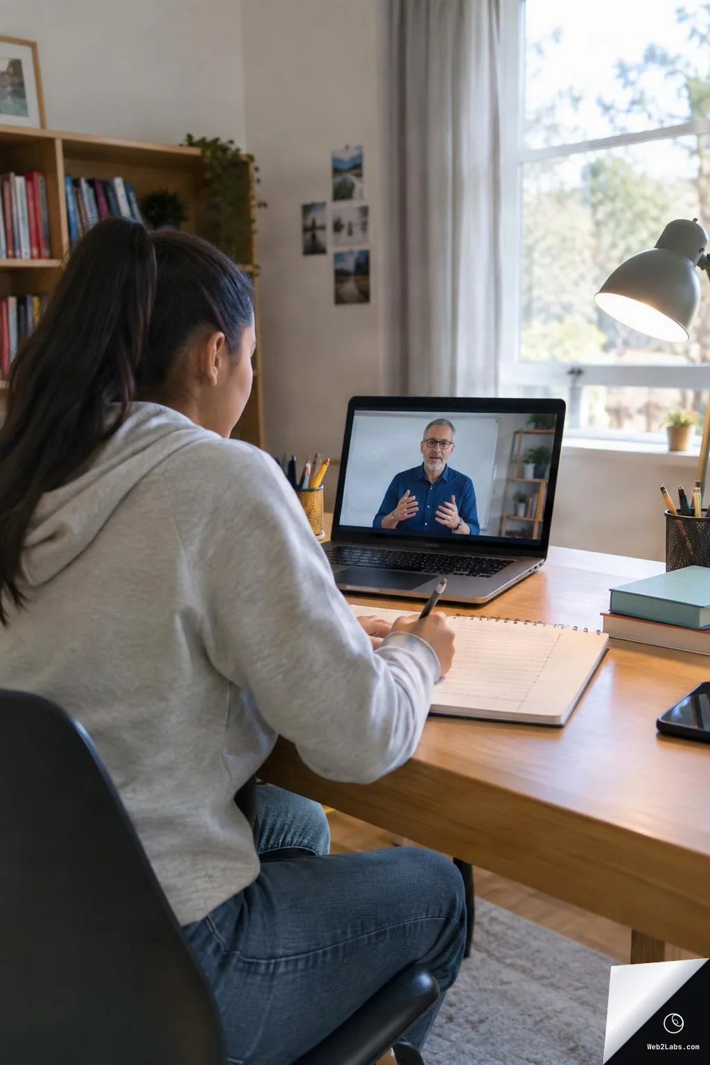 A student sits at a desk writing in a notebook while watching an online lesson on a laptop, with a desk lamp, books, and a bright window in the background.