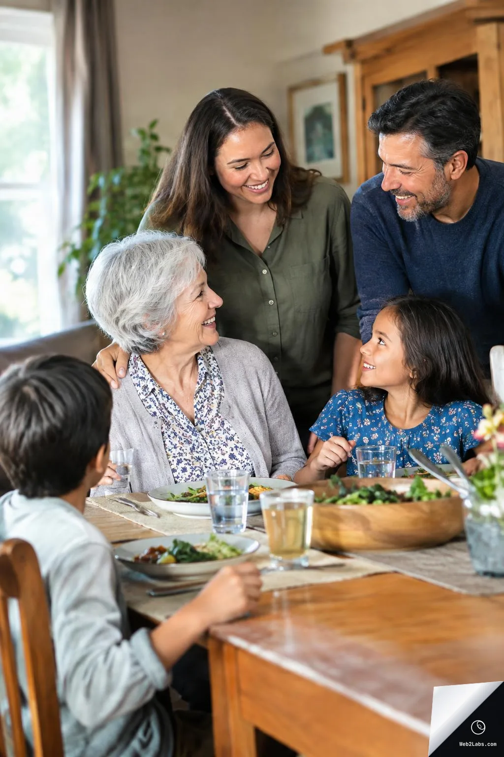 An older woman seated at a dining table smiles at a young girl while two adults stand behind them smiling; plates of food, water glasses, and a salad bowl sit on the table in a cozy dining room.