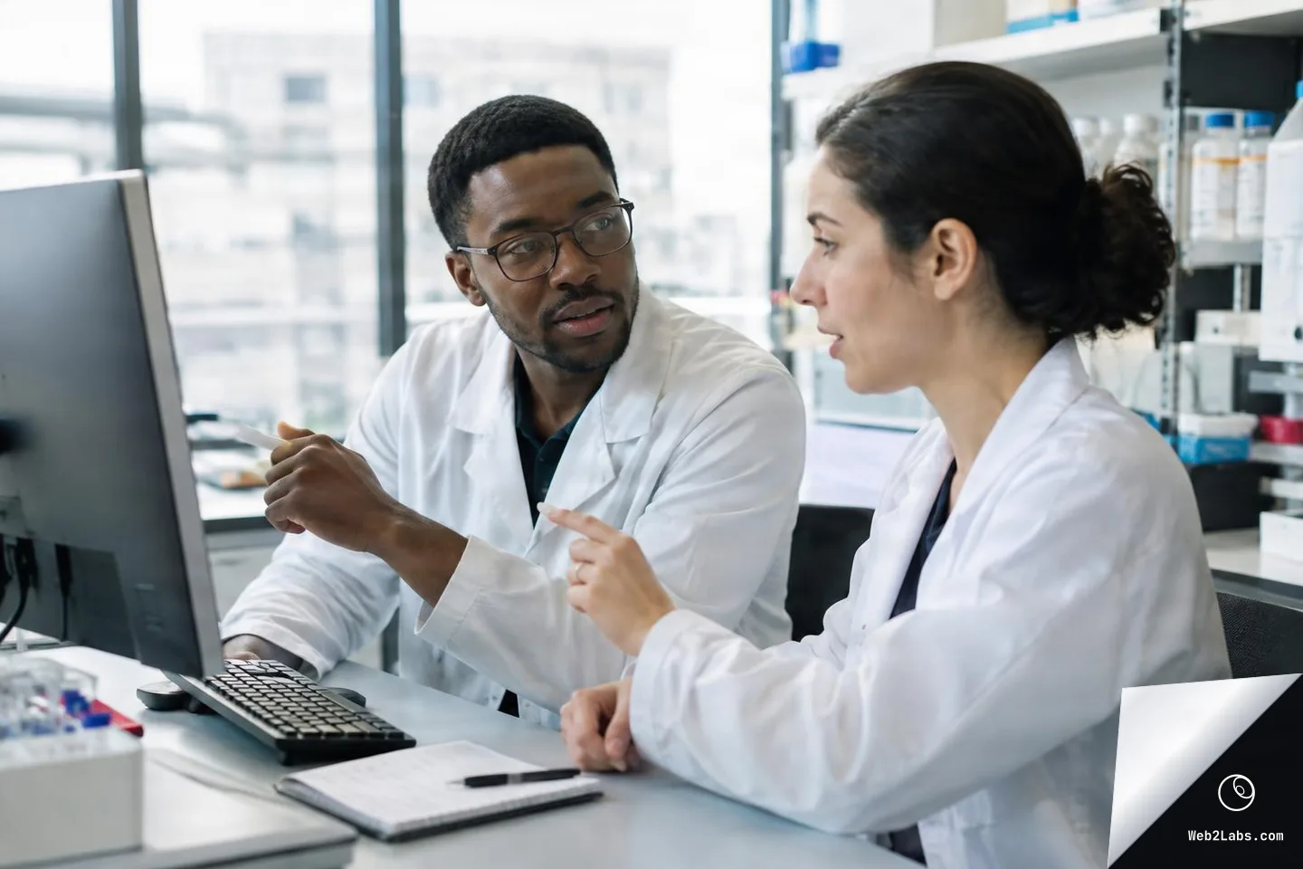 Two adult scientists in white lab coats sit at a desk in a lab, pointing at a computer monitor while discussing data, with shelves of lab supplies in the background.