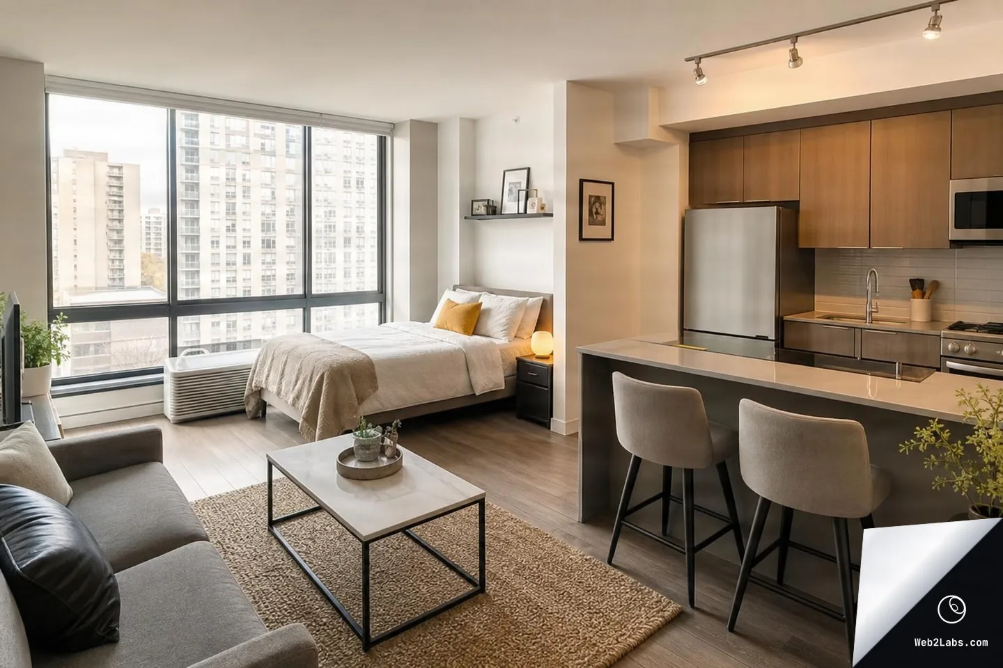 Wide interior of a modern studio apartment with a bed by large windows, a small living area with sofa and coffee table, and a compact kitchen with island and two bar stools.