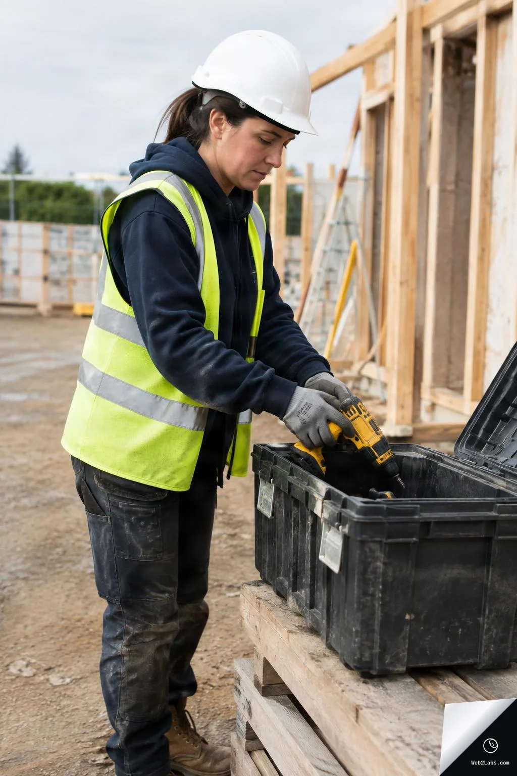 Construction worker wearing a white hard hat and yellow safety vest places a cordless drill into an open black toolbox on a wooden pallet at a building site with timber framing in the background.