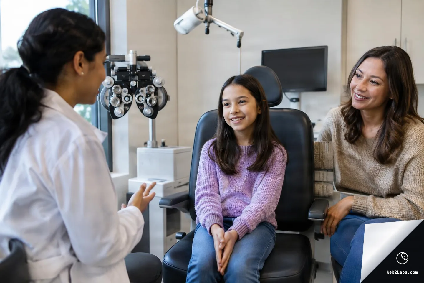 Optometrist talking to a smiling girl in an eye exam chair while her mother sits beside her in an exam room with a phoropter in the background.