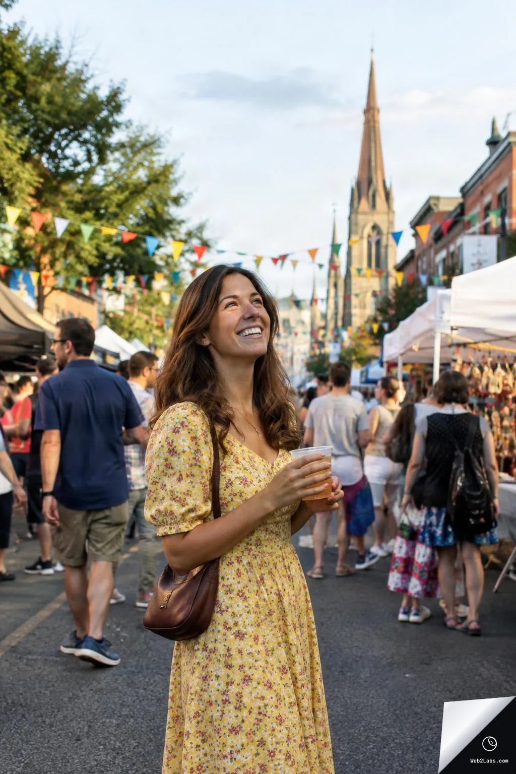 A woman in a yellow floral dress smiles while holding a plastic cup drink at a busy outdoor street festival with vendor tents, colorful flags, and a church spire in the background.