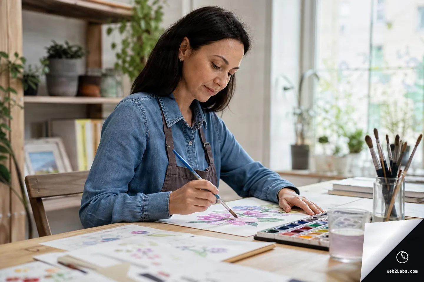 Adult woman in a denim shirt and apron painting a pink flower watercolor at a wooden table with a watercolor palette, brushes in jars, and a water cup in a bright room by a window.