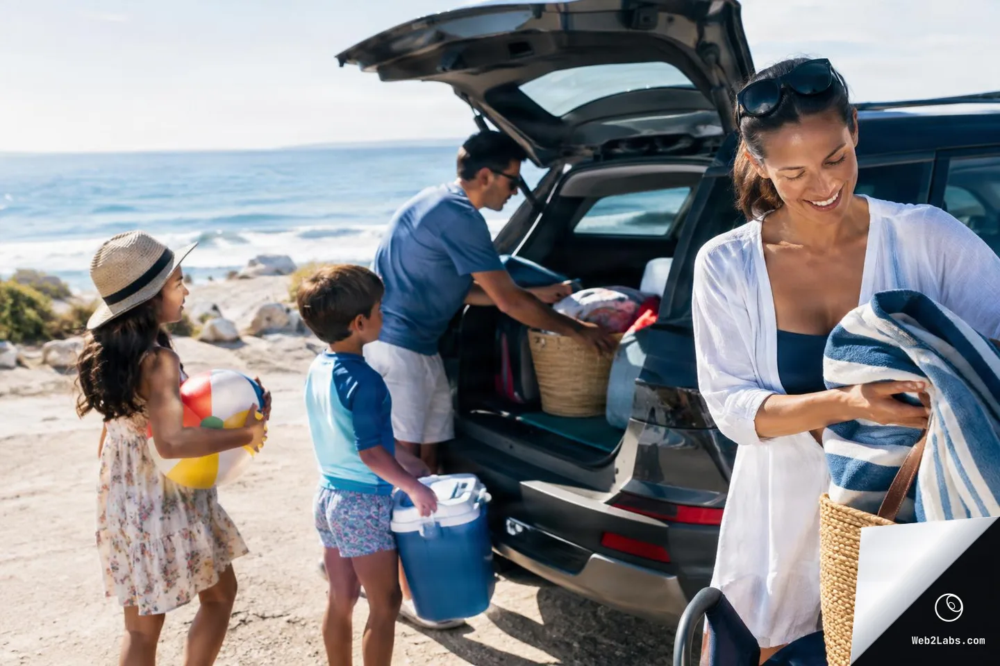 Family unloading an SUV at the beach, with a woman holding striped towels, a man reaching into the trunk, and two children carrying a beach ball and a cooler beside the ocean.