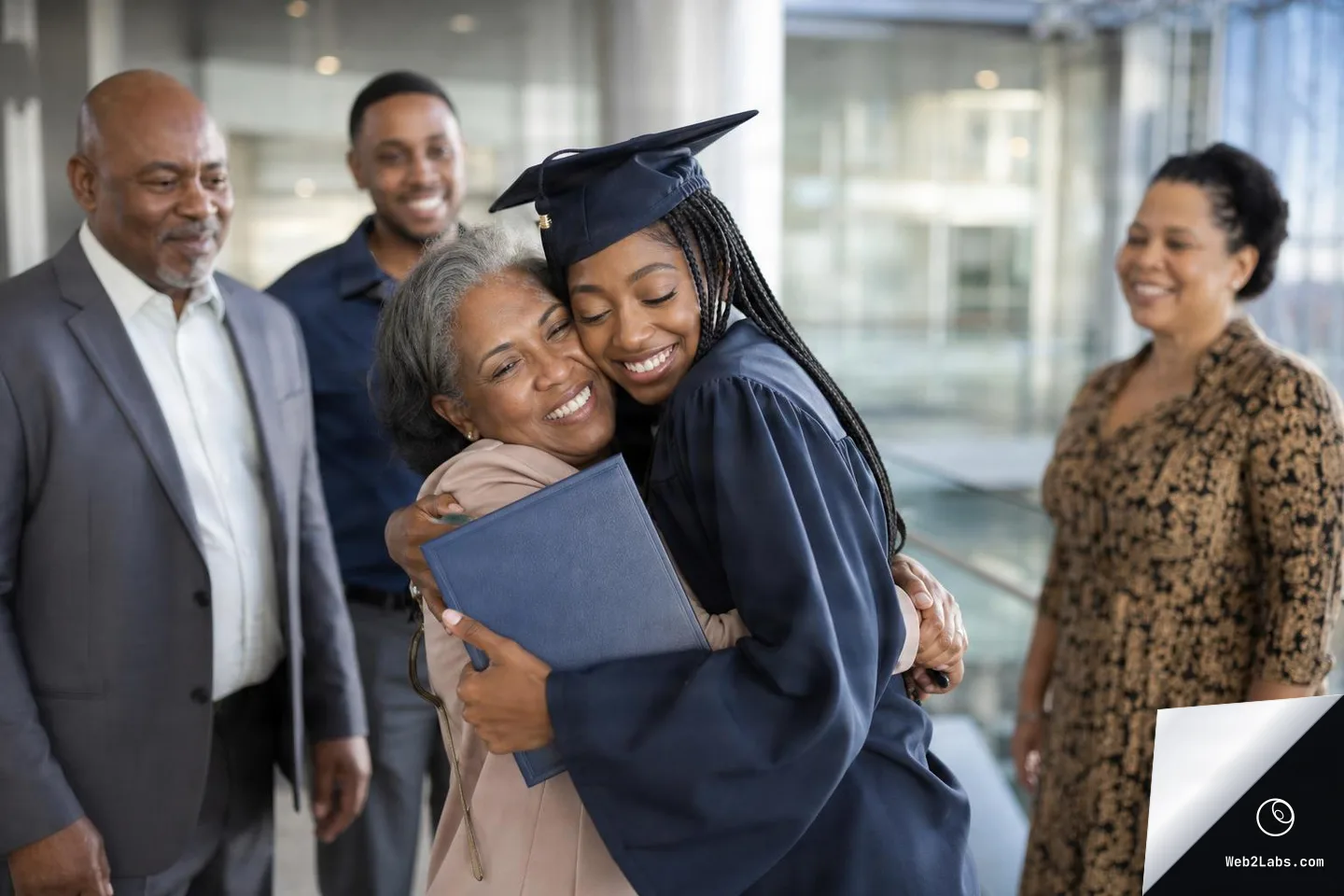 Graduate in navy cap and gown hugging an older woman while holding a diploma folder, with family members smiling in the background inside a modern building.