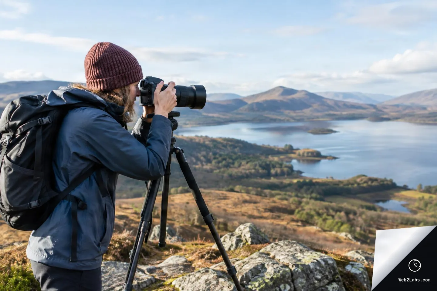 Side view of a bundled-up photographer wearing a beanie and backpack, looking through a camera on a tripod on a rocky hilltop with a lake and mountains in the distance.