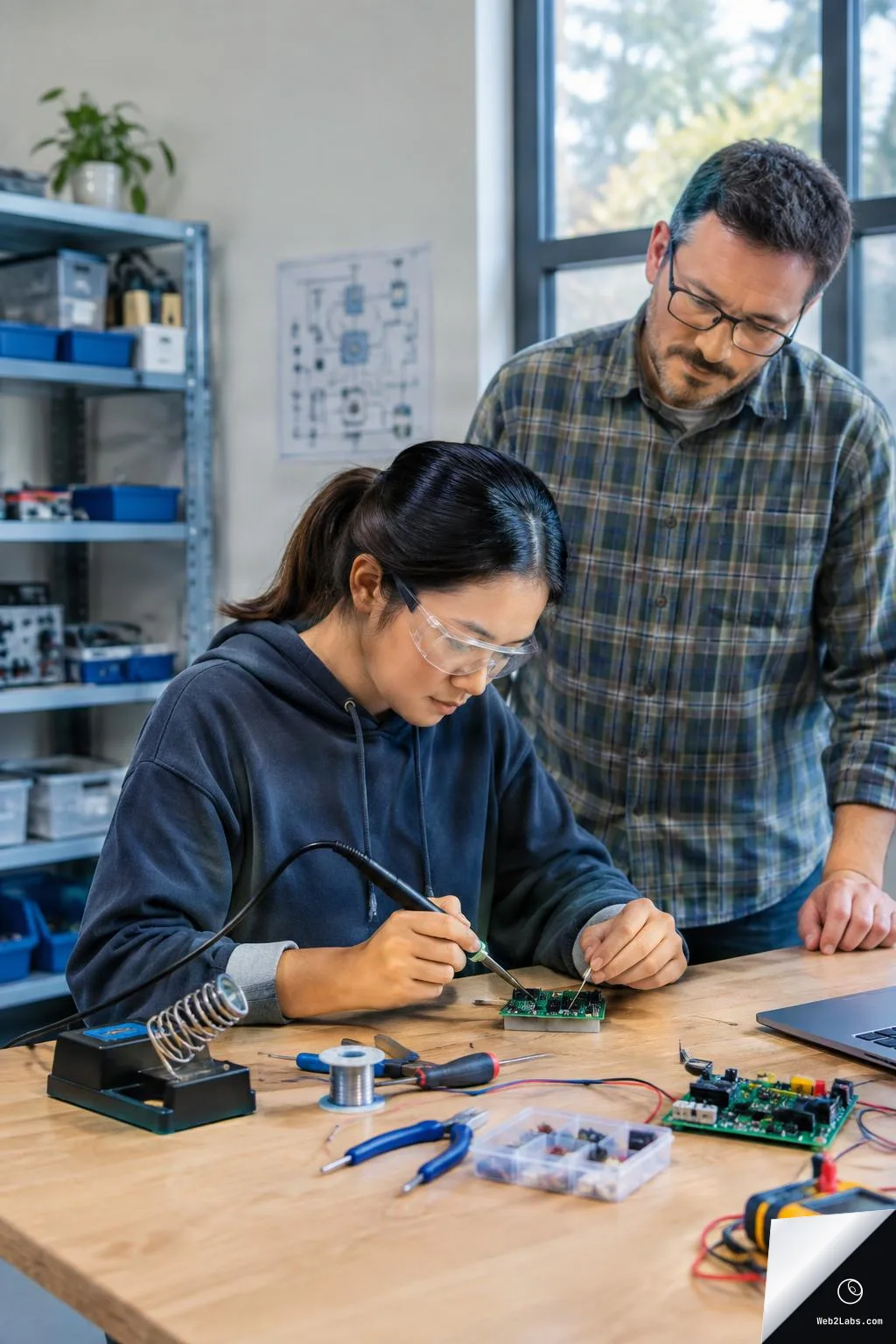 A young woman wearing safety glasses solders a circuit board at a wooden workbench while a man watches and guides her in a bright electronics workshop with tools and parts on the table.