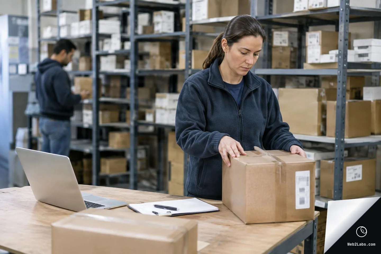 Woman in a warehouse handling a cardboard box at a worktable with a laptop and clipboard, with storage shelves and another worker blurred in the background.
