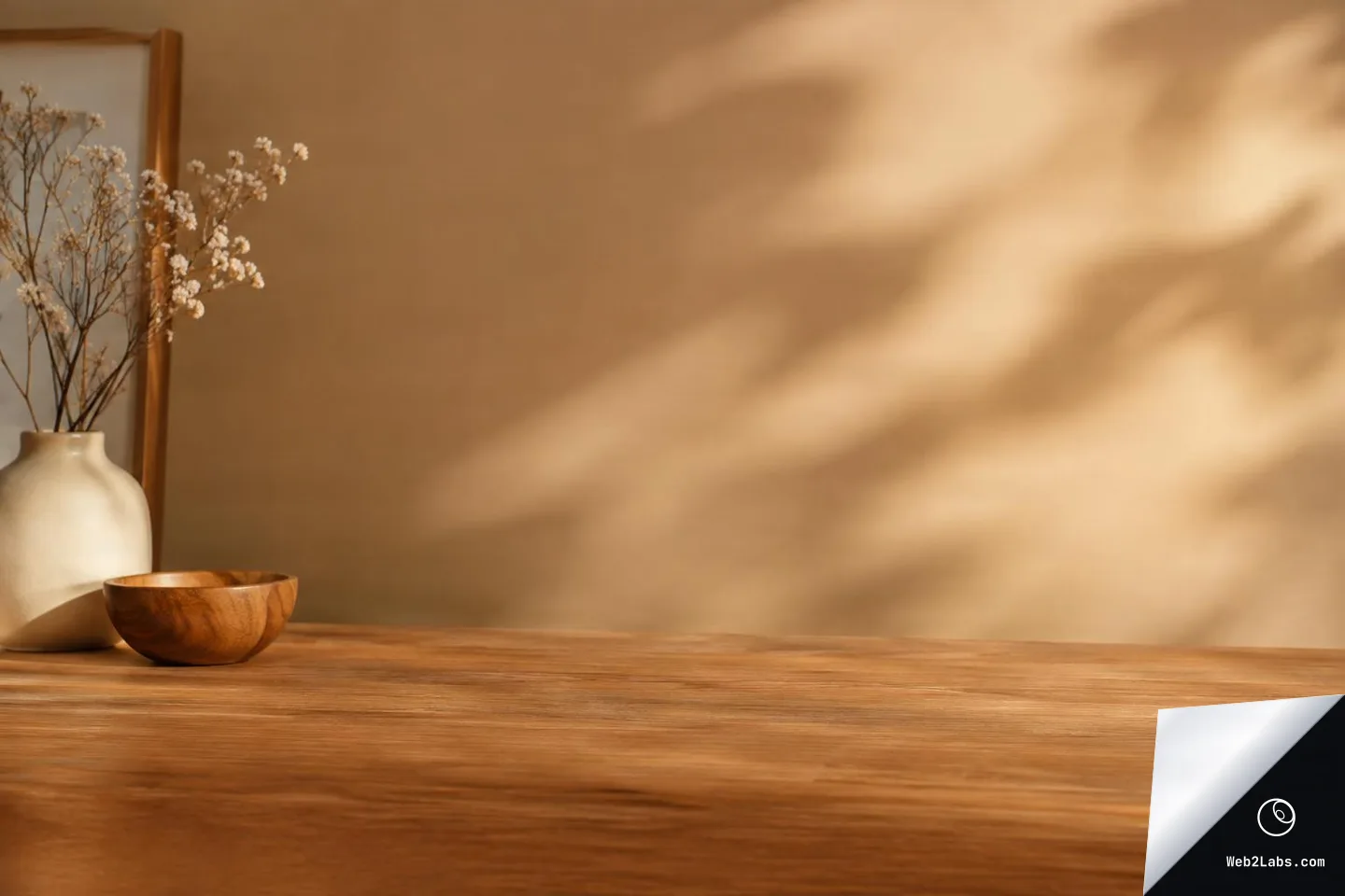 Warm beige wall with soft sunlight shadows above a wooden tabletop, with a cream ceramic vase holding dried flowers and a small wooden bowl on the left.