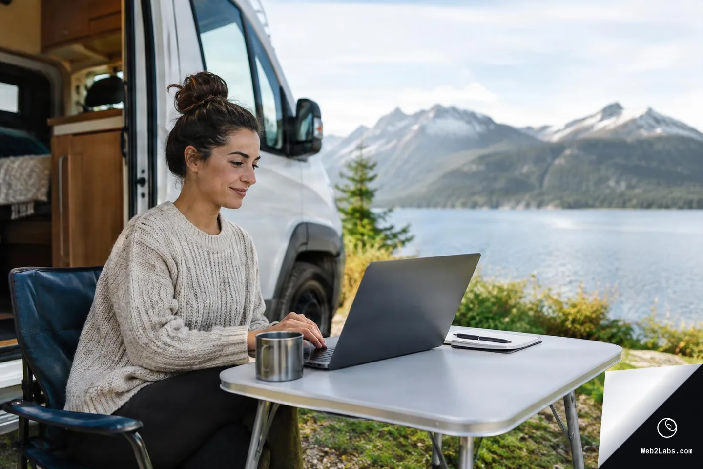 Woman in a knit sweater sits at a folding table using a laptop next to an open camper van, with a mug and notebook on the table and a lake and mountains behind her.