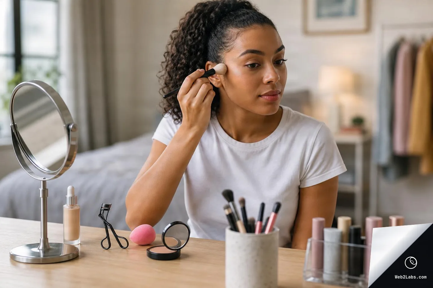 Woman applies makeup with a brush while seated at a wooden vanity table with a round mirror, foundation bottle, eyelash curler, makeup sponge, compact, brush cup, and cosmetics organizer in a softly lit bedroom.