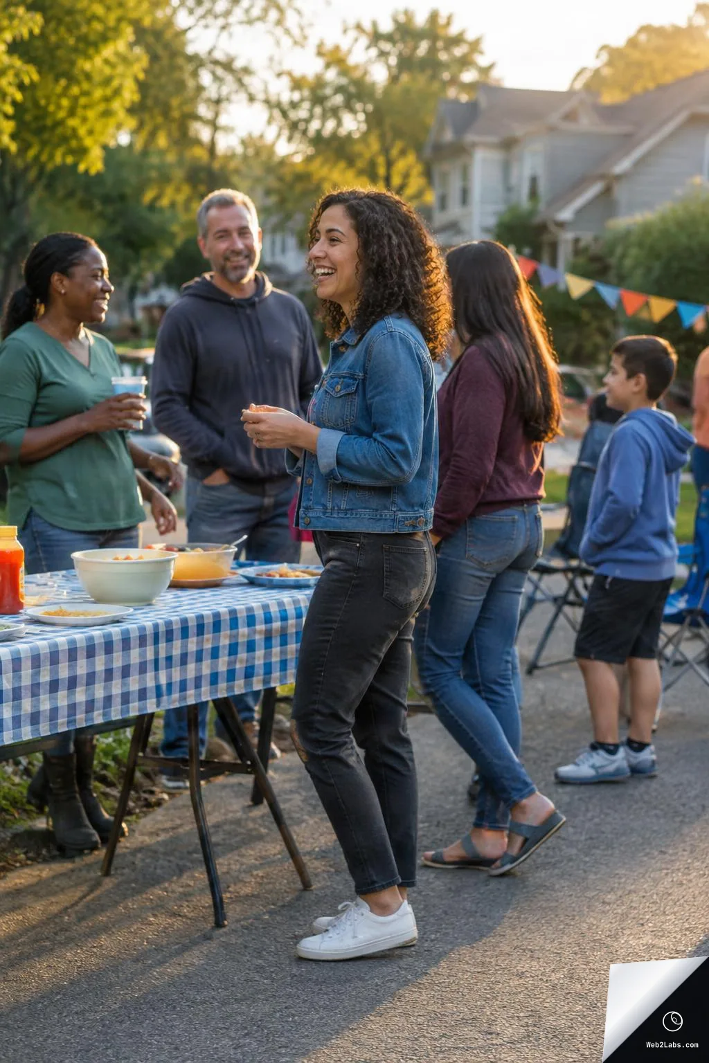 A woman in a denim jacket laughs while holding a cup next to a picnic-style table with food as neighbors and a child talk in the background on a residential street with colorful bunting.