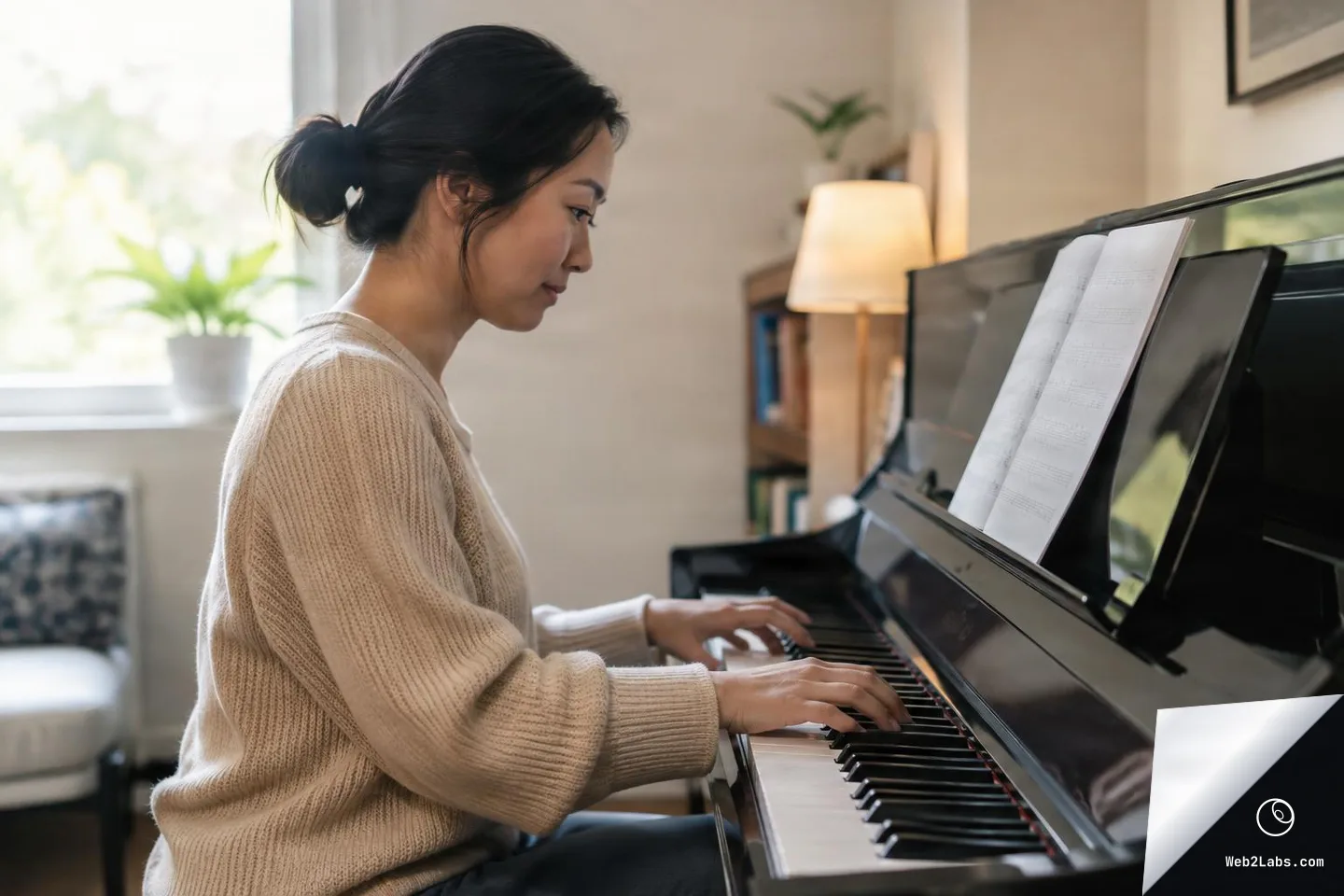 Side view of an adult woman playing an upright piano in a cozy living room, reading sheet music on the music stand with soft daylight coming from a window.