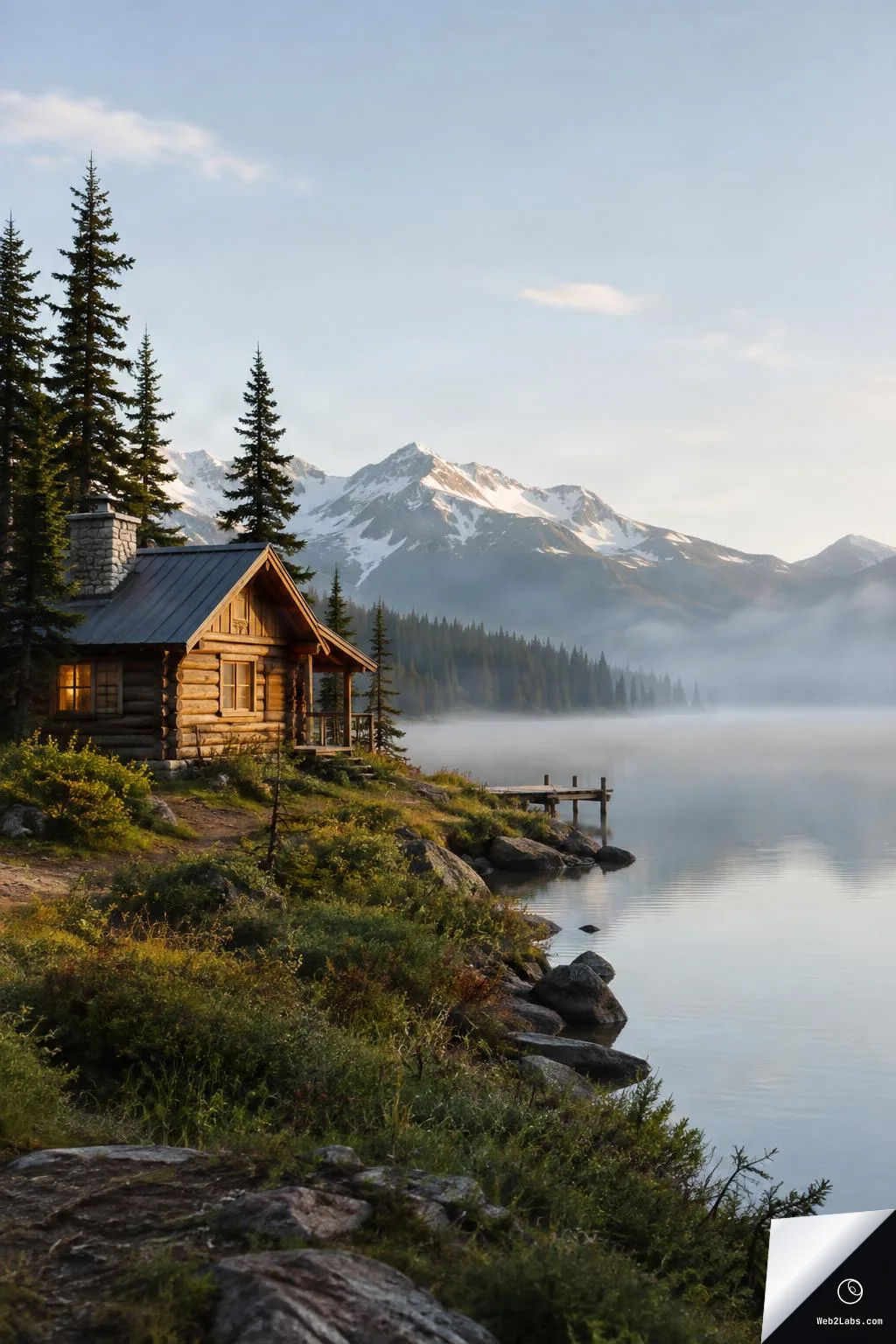 A small log cabin with warm lit windows sits on a rocky lakeshore beside a calm misty lake, with pine trees and snow-capped mountains under a pale morning sky.