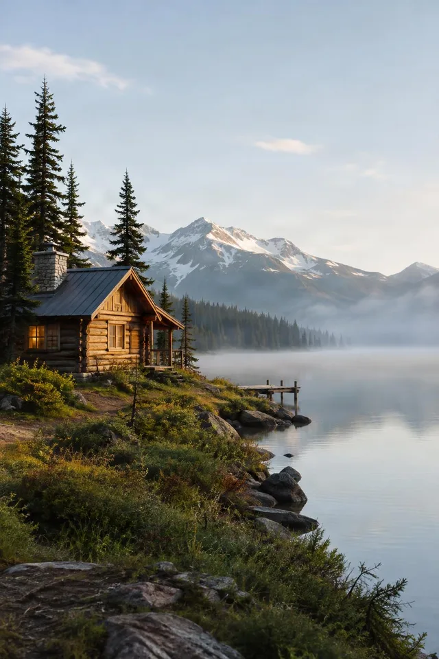 Lakeside Log Cabin at Dawn