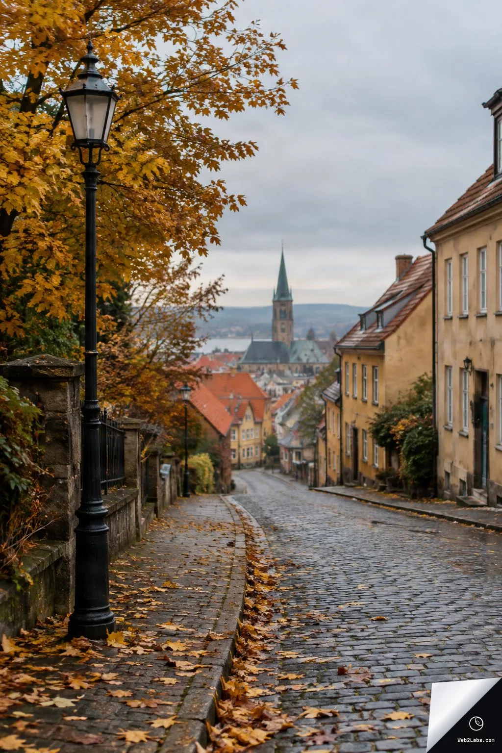 Vertical view down a cobblestone street in autumn with fallen leaves, a black lamppost and yellow foliage on the left, historic buildings on the right, and a distant church tower under a cloudy sky.