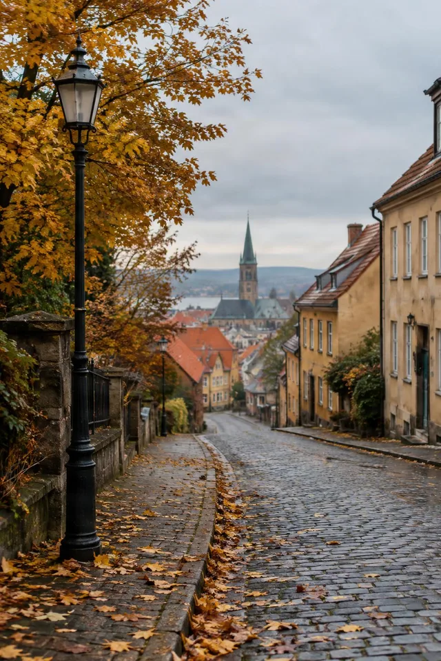 Autumn Cobblestone Street View