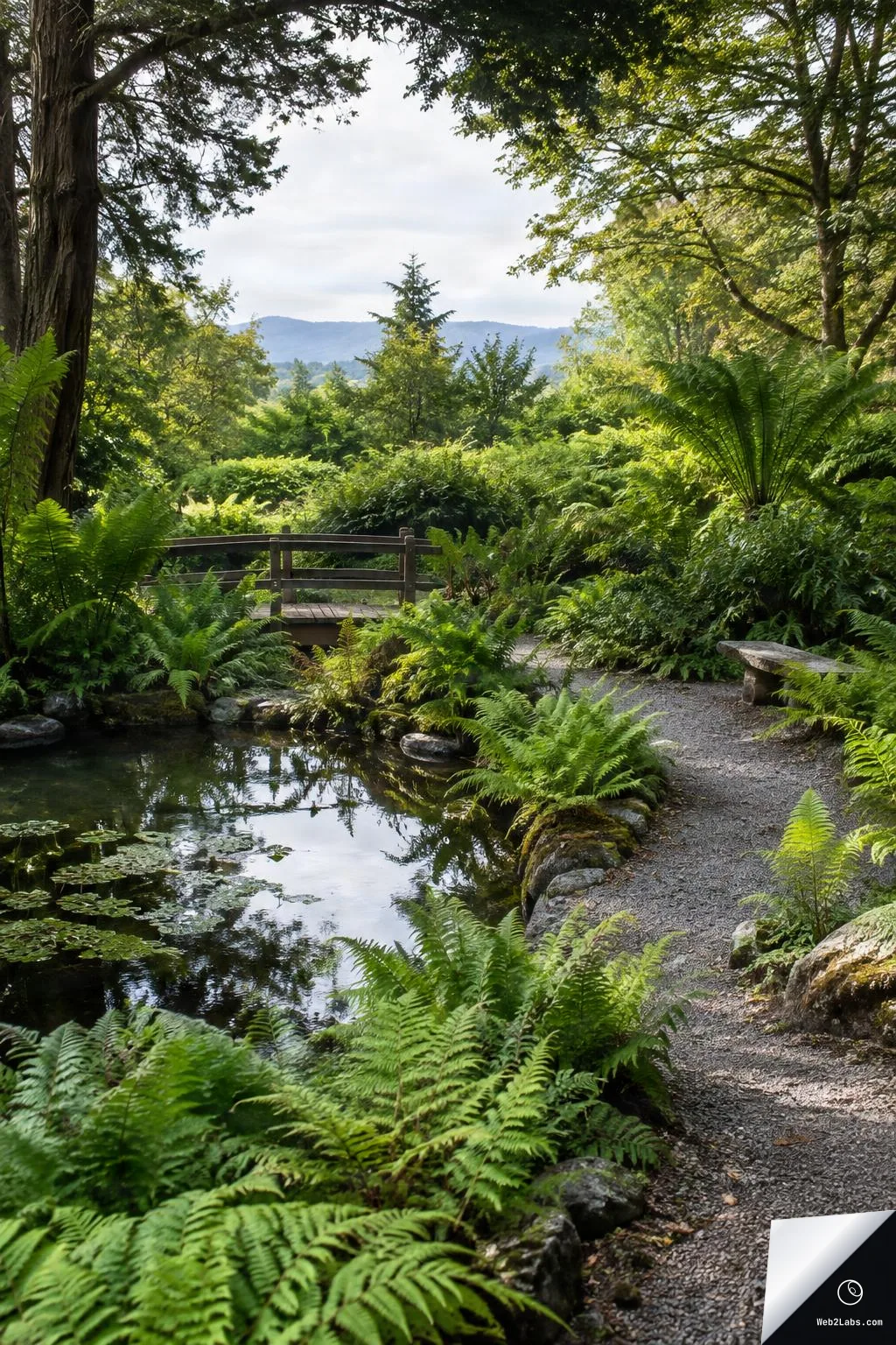 A fern-filled garden with a gravel path beside a reflective pond, a small wooden footbridge, and trees framing a view of distant hills under soft daylight.