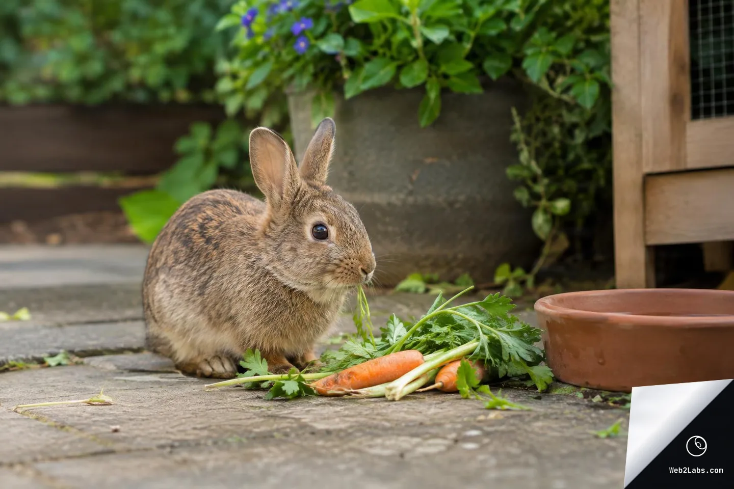Small brown rabbit on a stone patio eating leafy greens next to carrots, with a water bowl and potted plants in the background.
