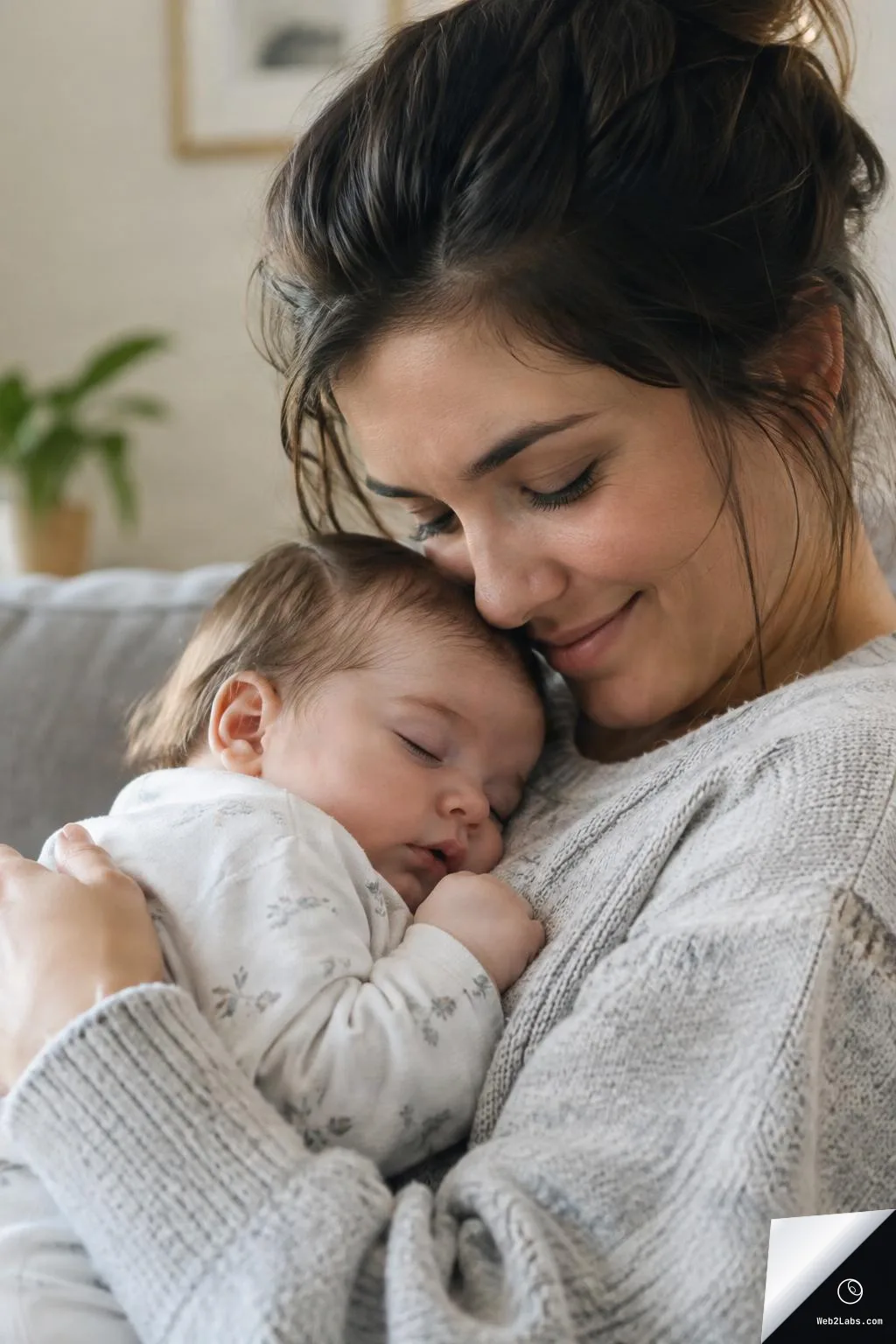 Close-up of a mother in a gray sweater gently holding a sleeping baby on a couch in a softly lit home interior.