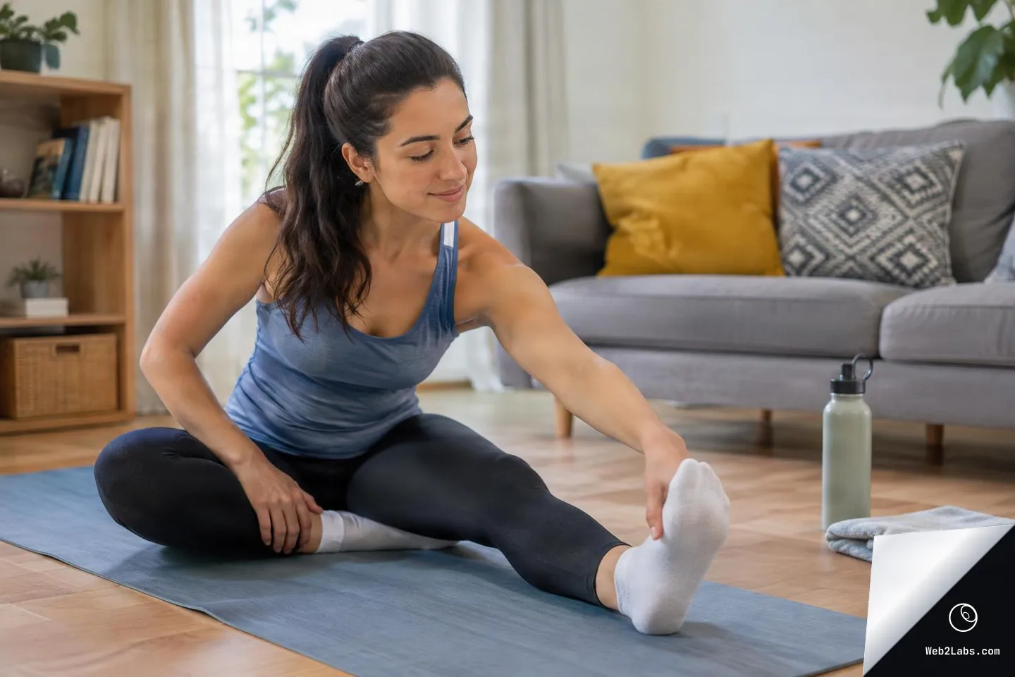 Woman sitting on a yoga mat in a living room doing a seated hamstring stretch, reaching toward her socked foot, with a water bottle and folded towel on the floor nearby.
