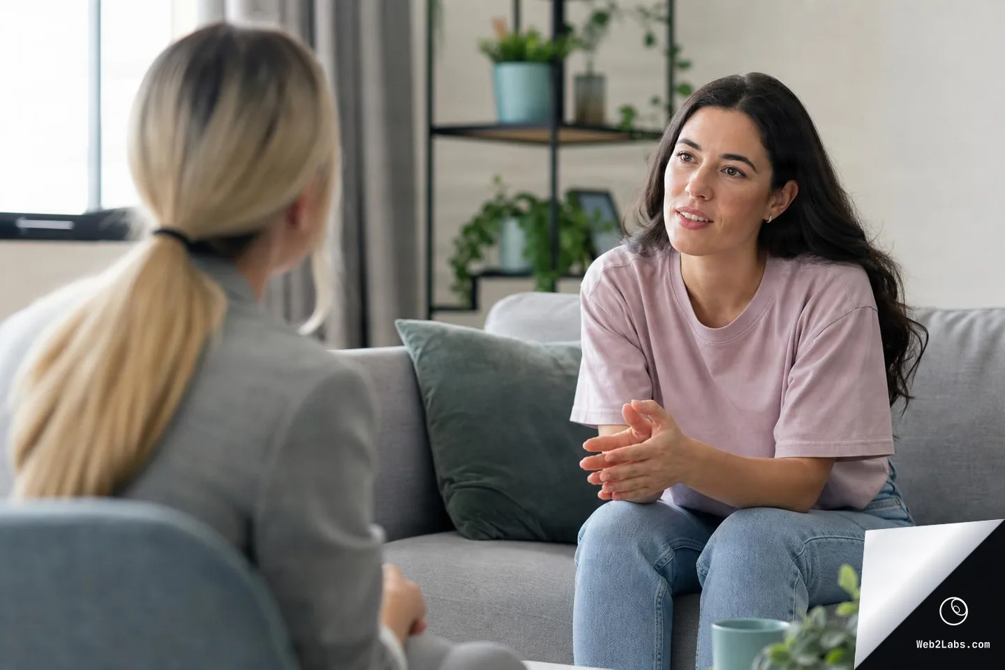 A woman in a pink t-shirt and jeans sits on a gray sofa, leaning forward with hands together while speaking with another woman in the foreground, in a bright living room with plants on a shelf.