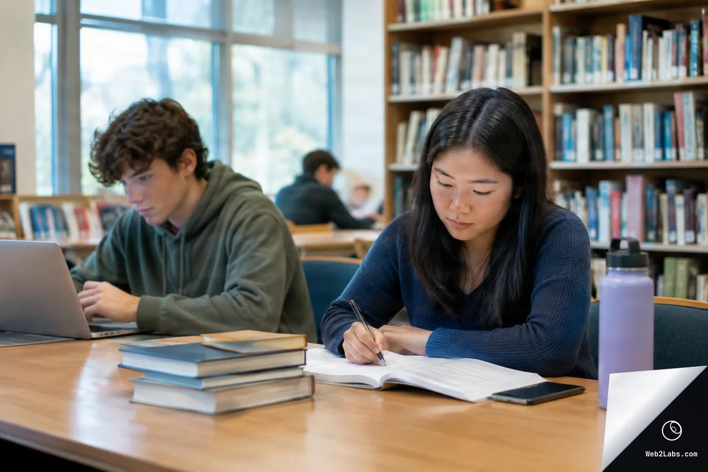 Two students study at a library table, with one writing in a notebook and the other using a laptop; bookshelves and a large window are in the background.