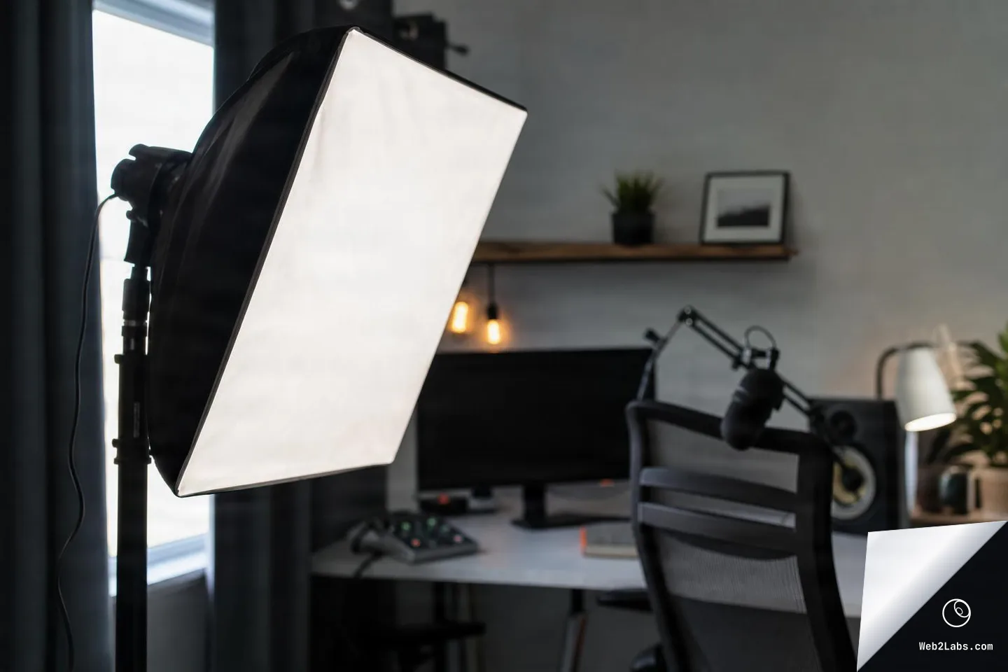 Large softbox light on a stand in the foreground with a blurred streaming desk setup behind it, including a monitor, boom arm microphone, office chair, shelf decor, and warm accent bulbs.