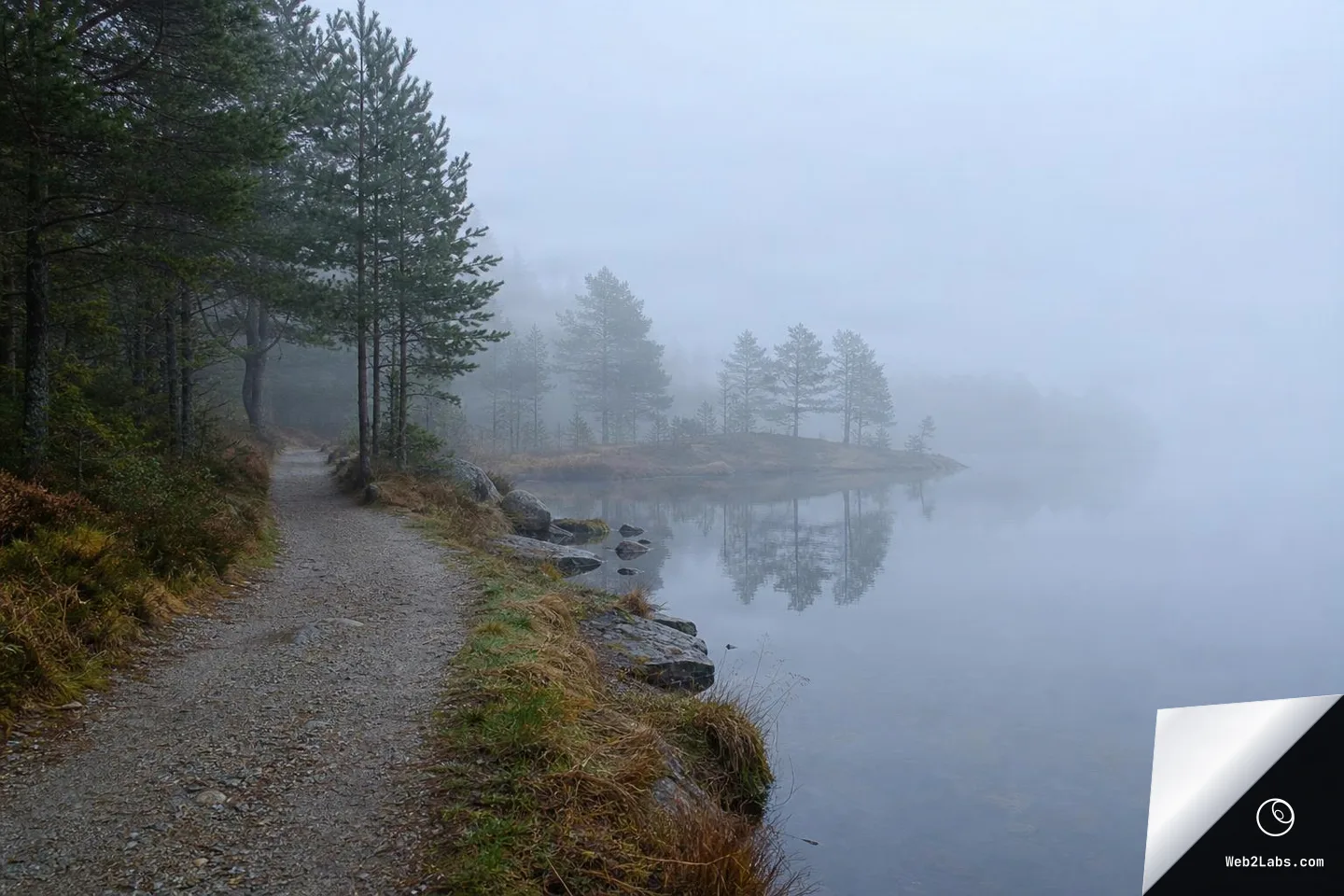 Gravel trail curving beside a still lake on a foggy morning, with pine trees and their reflections fading into mist.