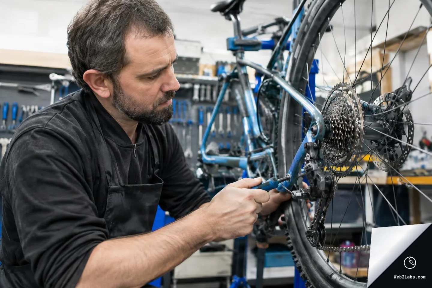 Male bicycle mechanic in a workshop using a screwdriver to adjust the rear derailleur and cassette on a bike mounted on a repair stand, with tools blurred in the background.