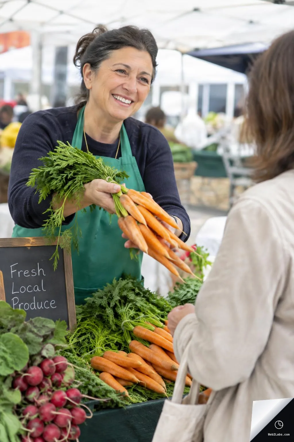 Smiling market stall vendor in a green apron hands a bunch of fresh carrots to a customer at an outdoor farmers market, with piles of carrots and radishes on the table and a small chalkboard sign that reads "Fresh Local Produce."