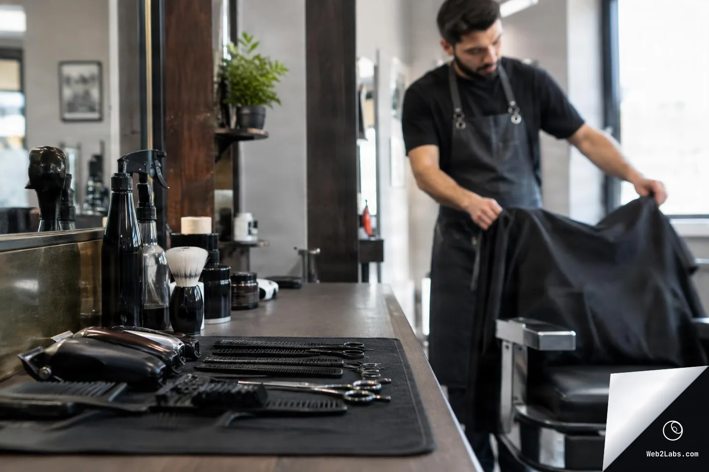 Close-up of a barbershop workstation with clippers, combs, scissors, and spray bottles laid out on a mat, while a barber in an apron puts a black cape on a client chair in the background.