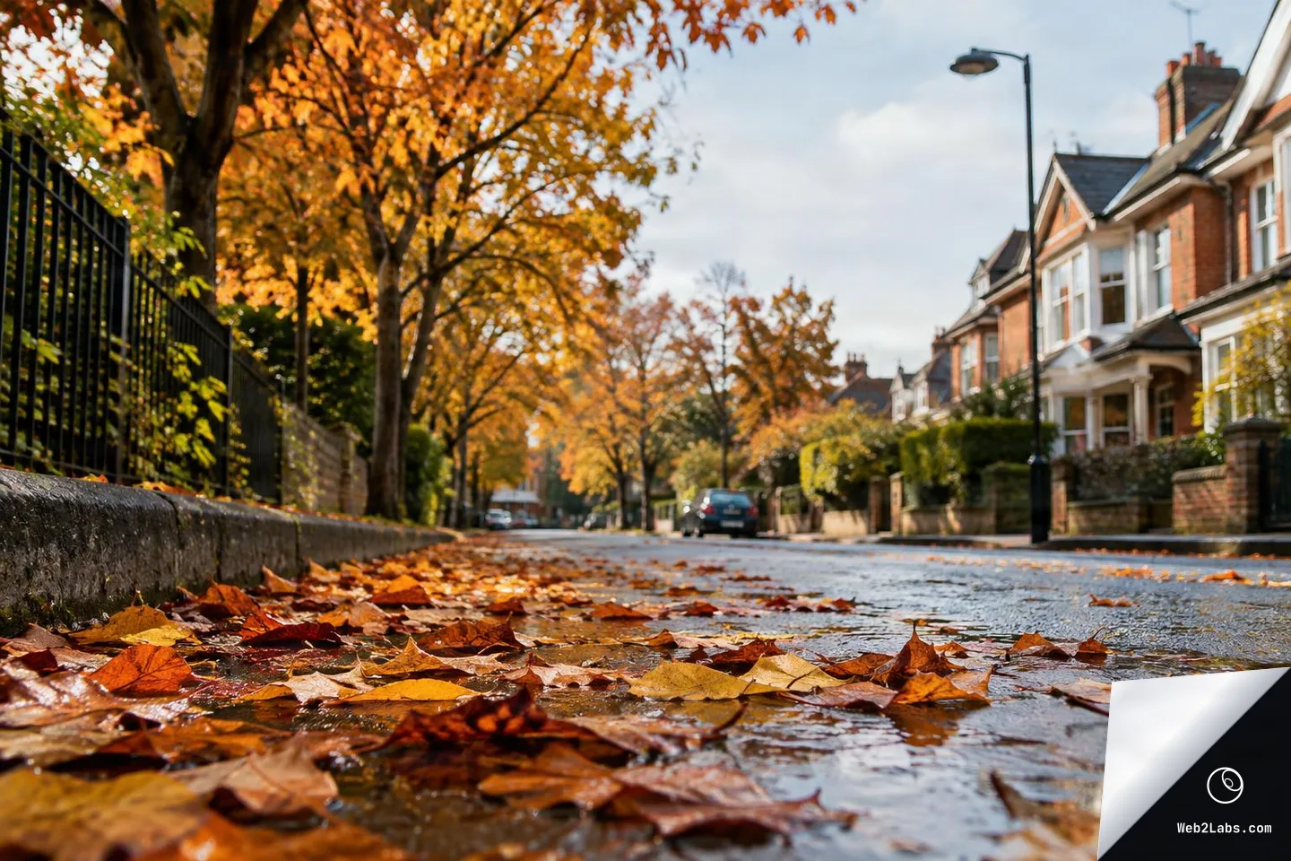 Ground-level view of wet pavement and scattered orange and brown autumn leaves on a quiet residential street with trees, houses, and a streetlamp in the background.