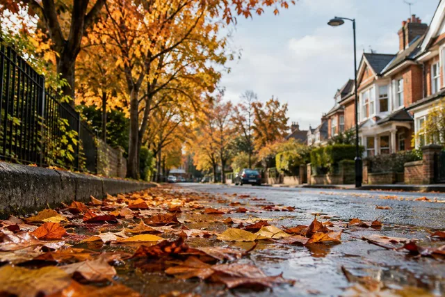 Low-Angle Autumn Street Leaves