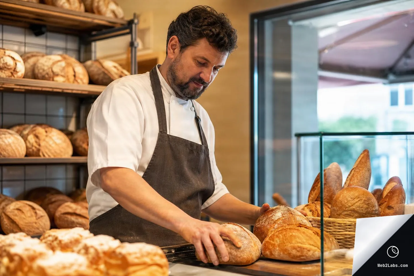 Adult male baker in a white chef coat and dark apron arranging rustic bread loaves on a counter inside a neighborhood bakery, with shelves and a glass display filled with bread.