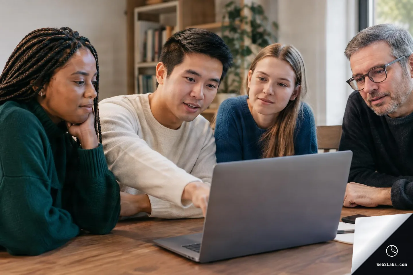 Four adults seated at a wooden table looking at a laptop; a man in a light sweater points toward the laptop screen while the others watch attentively in a bright room.