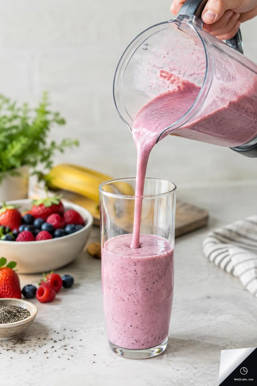 Hand pouring a pink berry smoothie from a blender pitcher into a tall clear glass on a light countertop, with berries, banana, and a small bowl of chia seeds in the background.