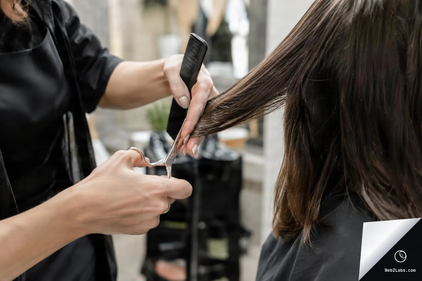 Close-up of a hairstylist's hands holding a comb and scissors while trimming a section of a client's long brown hair in a salon.